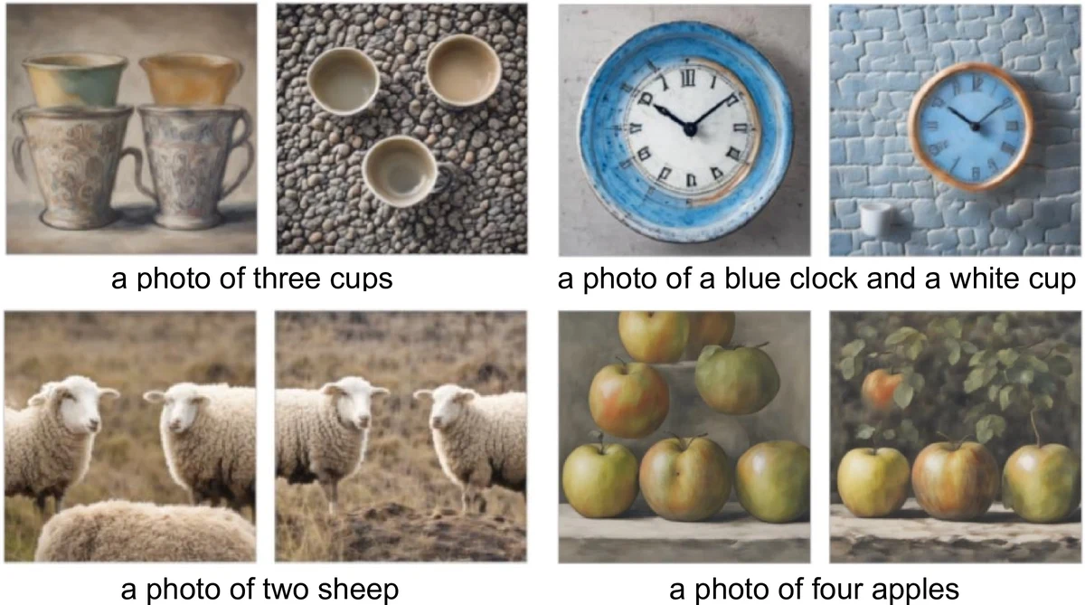 GenEval-style online DrPO examples for cups, clocks, sheep, and apples.